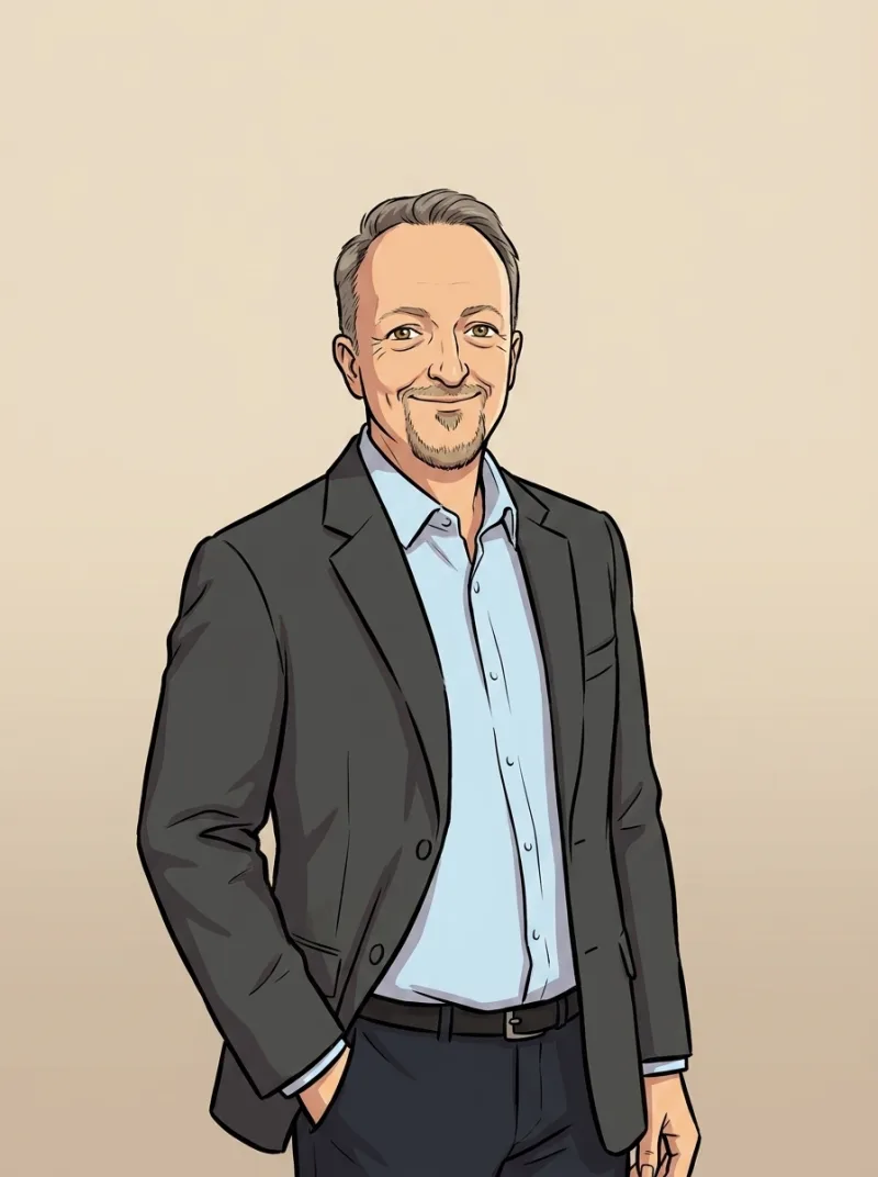 Norbert Rosenwinkel als Comic-Figur im Stil des Live-Comics: dunkles Sakko, hellblaues Hemd, freundliches Lächeln.