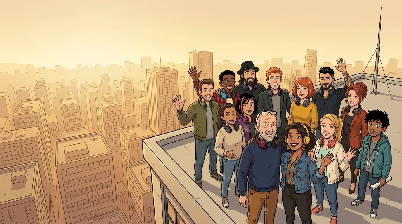 Das Team von HiveWeaver FM auf dem Studiodach über der Stadt, alle Moderatorinnen, Moderatoren und Nachrichtensprecher als Comic-Figuren.