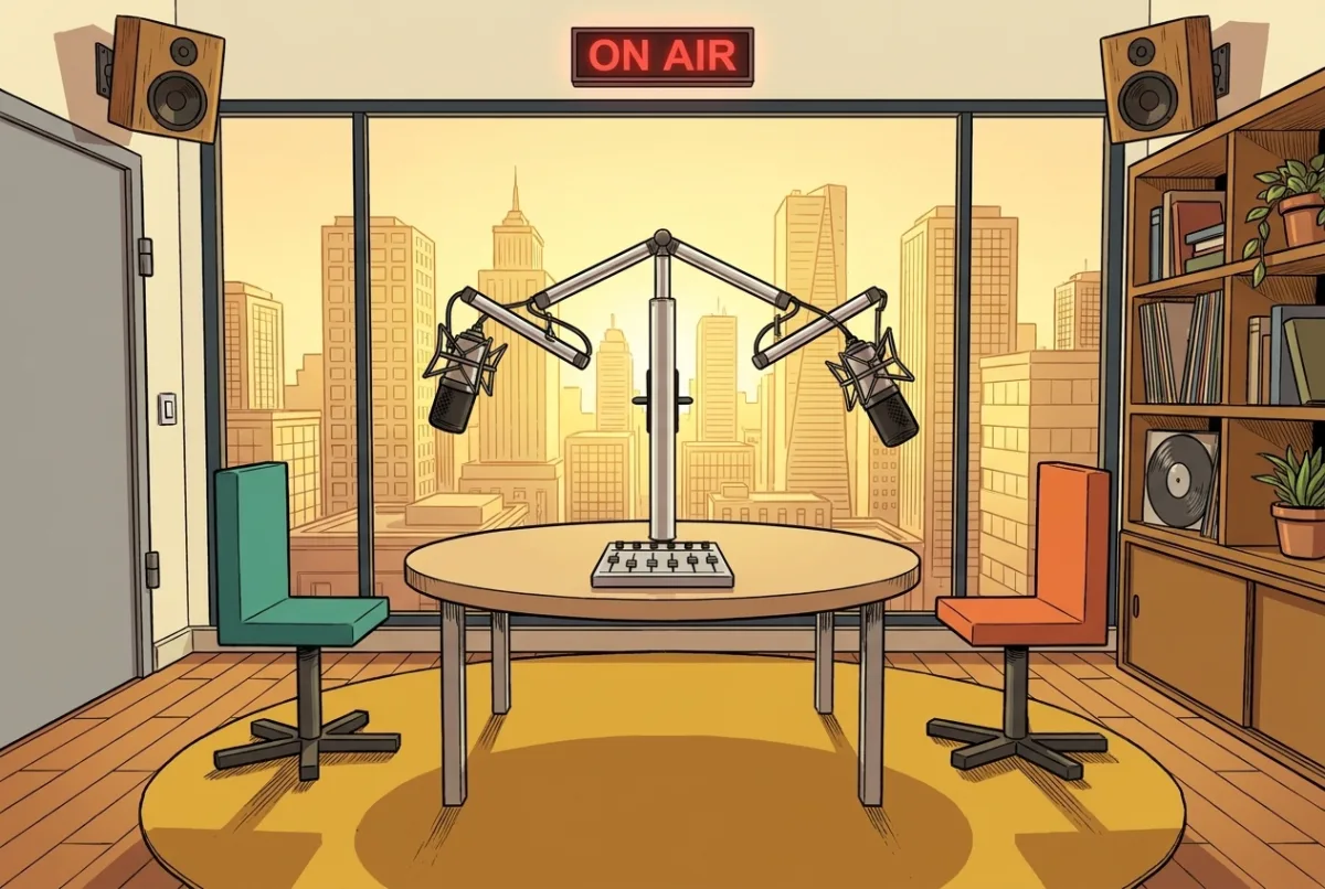 Das Studio von HiveWeaver FM im Comic-Stil: Mikrofone über dem runden Tisch, dahinter die Skyline im goldenen Abendlicht.